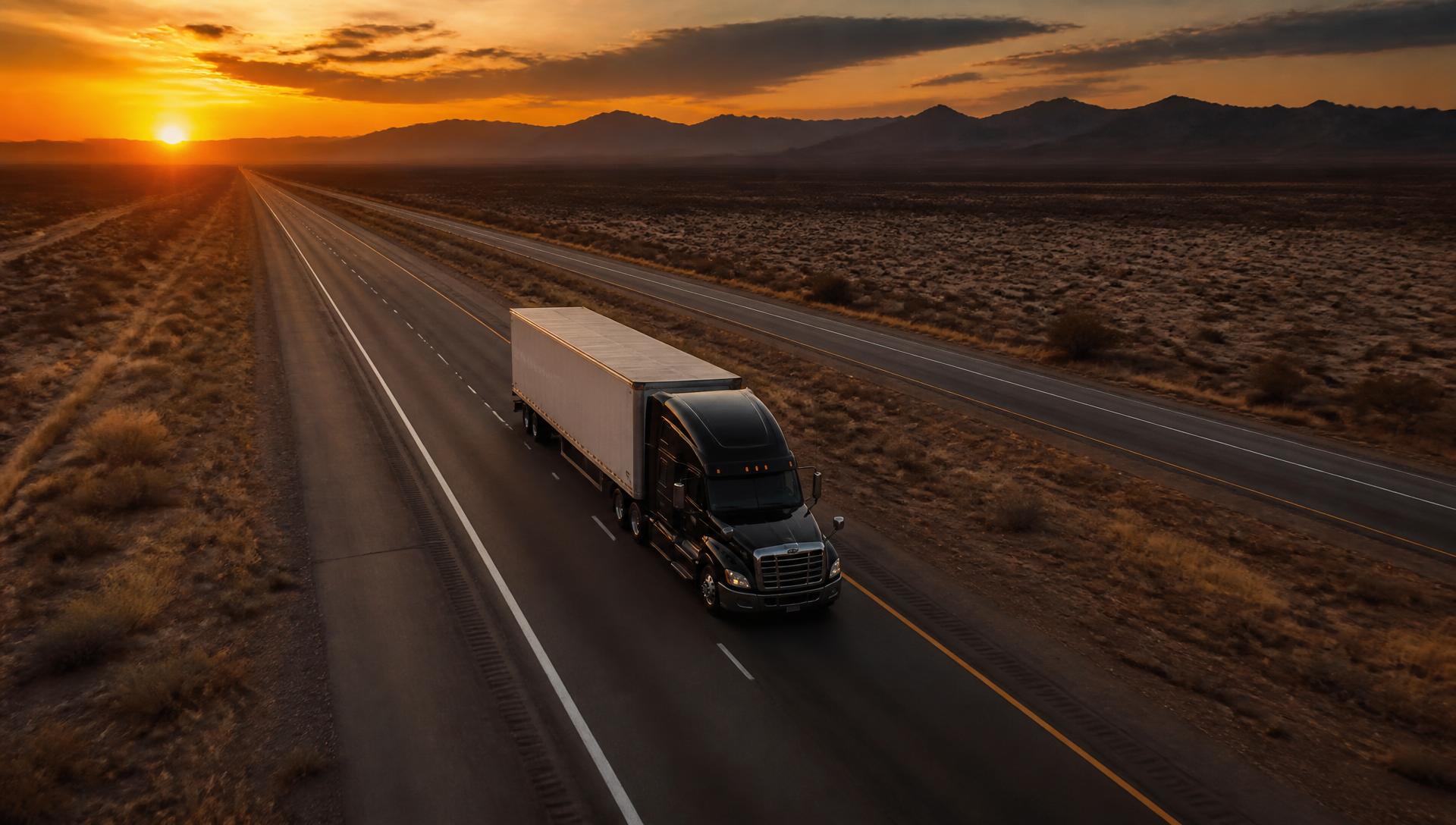 Semi truck hauling freight on an open American interstate at sunset